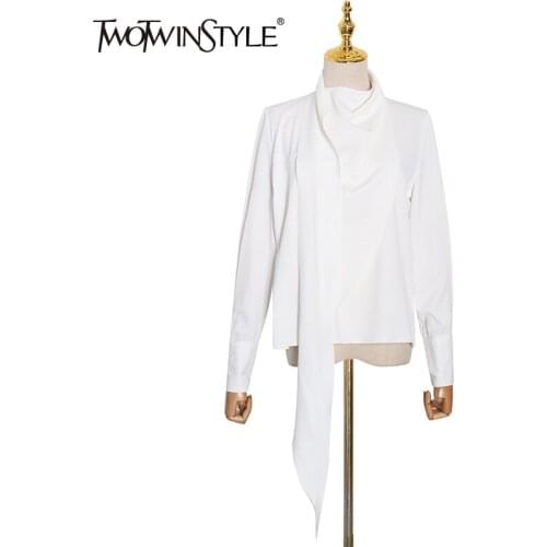 TWOTWINSTYLE White Ruched Solid Shirt For Female Stand Collar Long Sleeve Minimalist Blouse Women 2020 Fashion New Clothing Tide