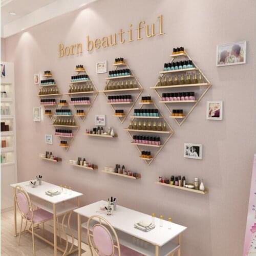 Wall mounted nail polish display showcase, nail shop wall decoration, mask, wall display rack