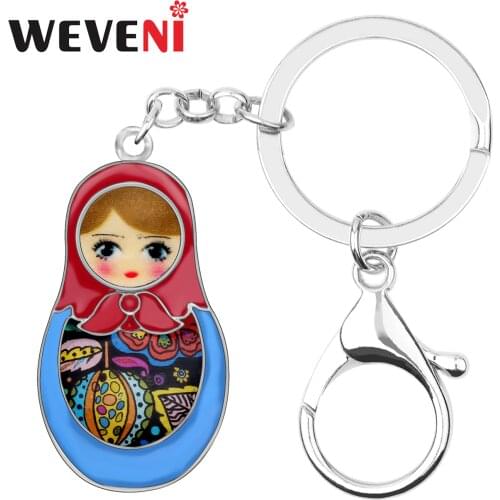 WEVENI Enamel Alloy Matryoshka Russian Dolls Key Chain Keychain Ring Cartoon Souvenir Gift Jewelry For Women Girl Bag Car Charms