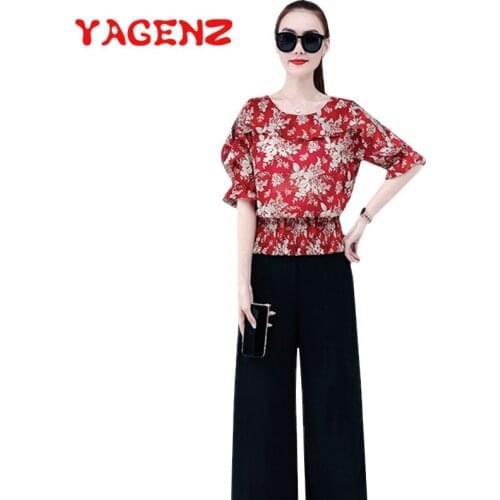 YAGENZ Wide leg Pants Suit Fashion Floral Two Piece Set Women Summer Clothes For Women Ruffle Tops Cropped pants 2 Piece Set 817