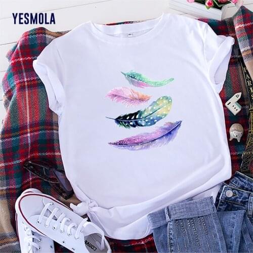 YESMOLA Color Feather Print T-shirt Summer Women T-shirt Plus Size Woman Short Sleeve Tops Casual Loose Female Cotton Tees