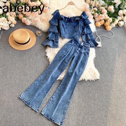 Women Autumn Retro Chic Denim Set Square Collar Long Sleeve Zipper Tops+High Waist Wide Leg Long Pants Two Pieces Set