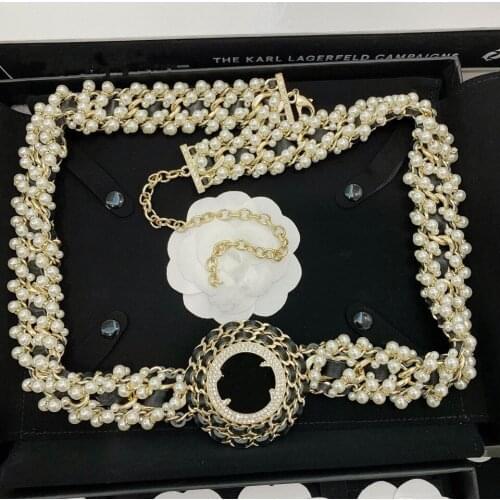 2021 C Brand Fashion Jewelry Women Vintage Thick Chain Long Gold Color Pearls Black Leather Belt Party Fine Top Qulaity