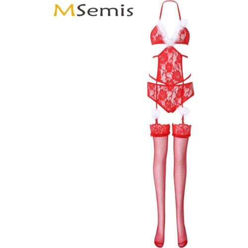 Womens Erotic Lenceria Floral Lace Lingerie Set Sexy Bodystocking Nightwear Feather Trim Bikini Babydoll Bodysuit with Stockings