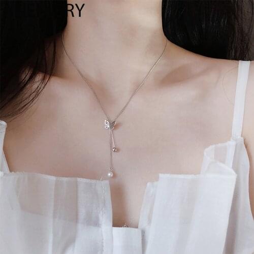 ANENJERY 925 Sterling Silver Butterfly Tassel Necklace for Women Pearl Temperament Clavicle Chain Simple Jewelry Gifts S-N746