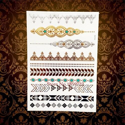 1PC Gold Henna Bracelet Flash Metallic Temporary Tattoo Sticker HYH078 Women Lace Designs Non-Toxic Tattoo Self Adhesive Tattoos