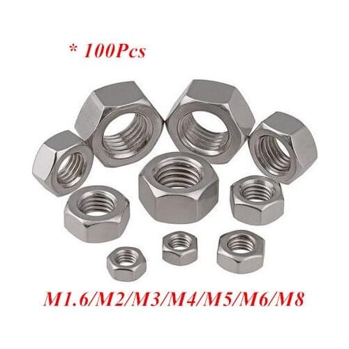 100pcs M1.6 to M6 Hexagon Nuts 304 Stainless steel Metric Thread screw Hex Nut DIN934