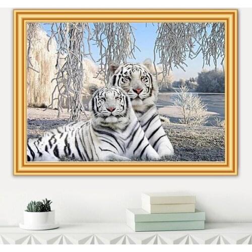 5D DIY Diamond Painting Animal White Tiger Cross Stitch Kit Full Drill Embroidery Mosaic Art Picture of Rhinestones Home Decor