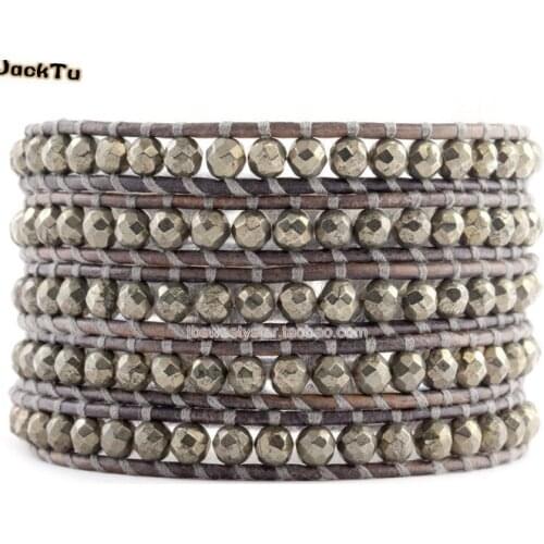 Free shipping pyrite beads leather wrap bracelet