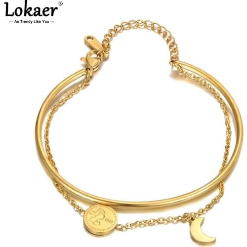 Lokaer Trendy Double Layer Titanium Stainless Steel Moon Charm Bracelets For Women Bohemia Beach Party Bangle Jewelry B21021