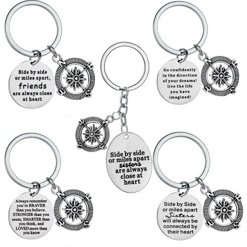 Side By Side Or Miles Apart Friends Are Always Close At Heart Keyring Compass Stainless Steel Pendant Keychain Best Friends Gift