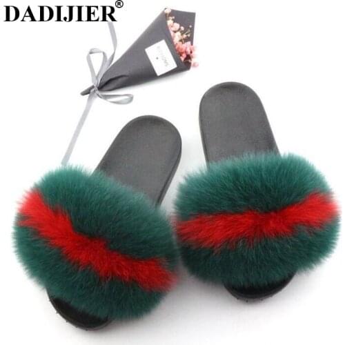 DADIJIER Summer Women Slippers Real hair Slides Female Furry Indoor Flip Flops Casual Beach Sandals Fluffy Plush Shoes Wyq120