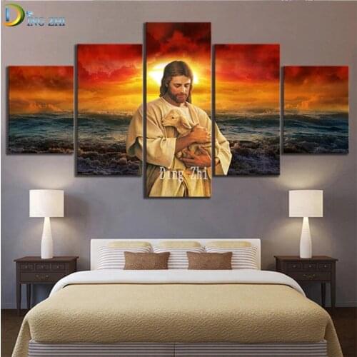 DIY Full Diamond Painting Religious Jesus Cross Stitch Wall Artwork Modular Sheep Picture Mosaic Craft 5D Embroidery Decor Salon