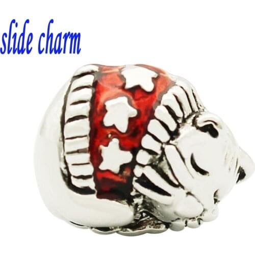 Slide charm Free shipping red enamel sleeping cat animal beads fit Pandora charm bracelet mother lover Christmas gift