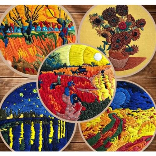 Van Gogh Famous Paintings Sunflowers Embroidery Set Wonderful Cross Stitch Wall Painting Art Kits with Hoop Diy Accessory