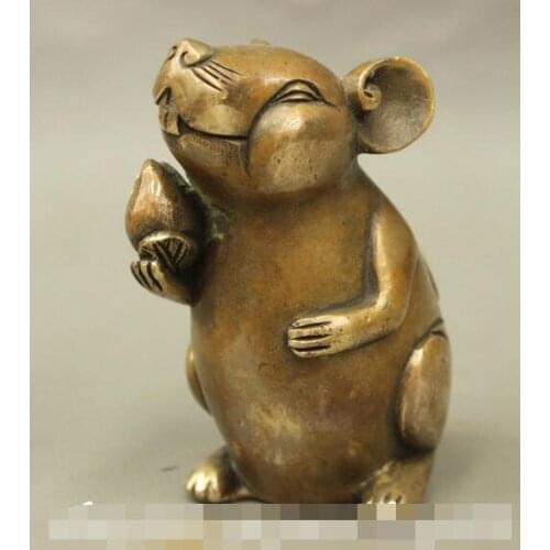 Chinese Auspicious Bronze Copper Wealth Cai Year Zodiac Mouse Hold Peach Statue