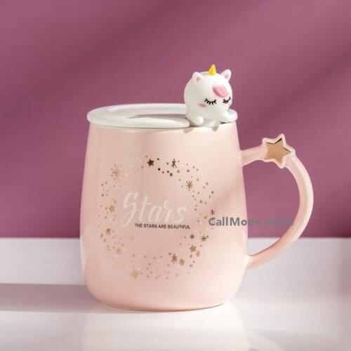 Mug with Lid Spoon 420ml Cute Pink Kawaii Unicorn Ins Ceramic Cup Student Korean Style Cartoon Milk Water Coffee Tea Cup Home