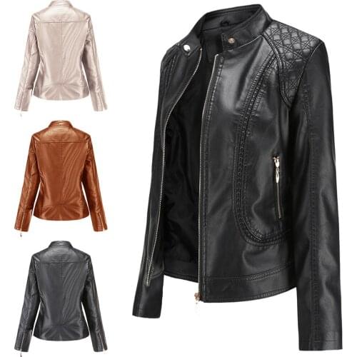Women new leather jacket women spring autumn fashion stand collar motor biker coat pu outwear fall jacket black red 2020