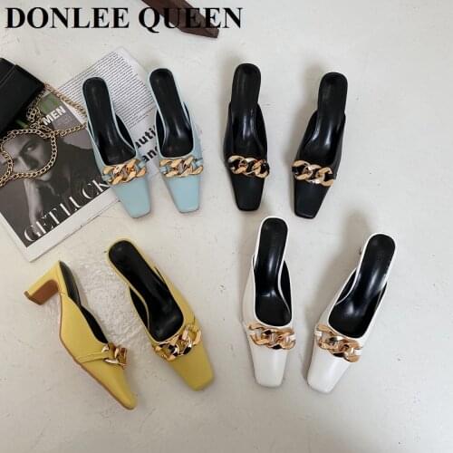 Brand Designer Women Slippers High Heel Slip On Mules Fashion Metal Chain Slides Square Toe Summer Casual Slides Shoes Chaussure