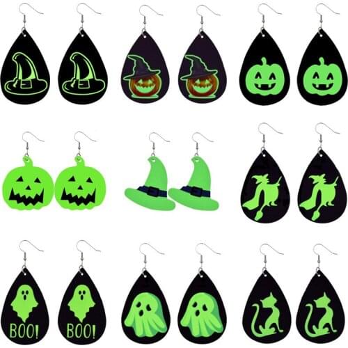 2021 New Halloween Leather Fluorescent Crochet Earrings Fluorescent Pumpkin Head Earrings for Woman Eardrop Jewelry Wholesale