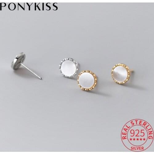 PONYKISS Trendy 925 Sterling Silver white Round Shell Stud Earrings for woman Party Delicate Fine Jewelry wholesale Accessory