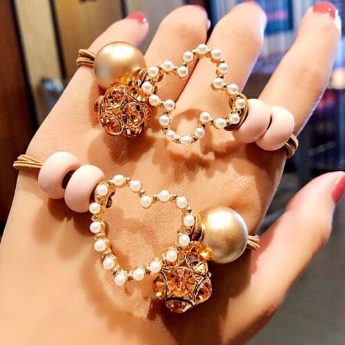 New Women Cute Heart Crystals Pearls Elastic Hair Bands Ponytail Holder Sweet Scrunchie Rubber Band Fashion Hair Accessories