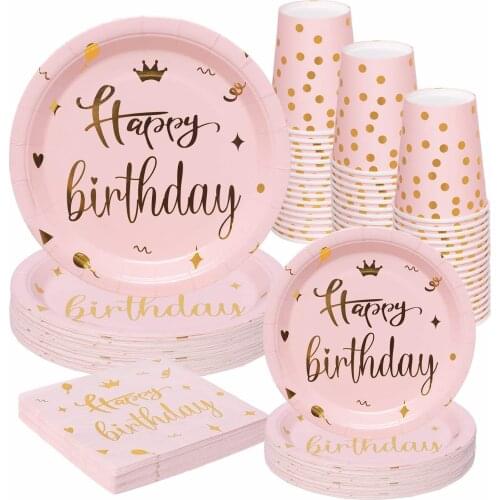 Crown Pink Birthday Plates Napkins Disposable Tableware Supplies Paper Cup Straws Dinnerware Anniversary Decoration Sets