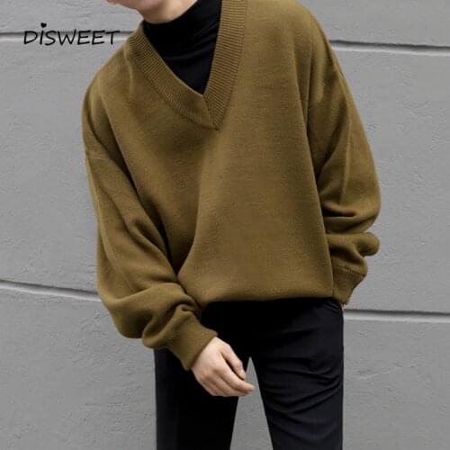 V-neck Knitted Sweater Men Korean Long Sleeve Loose Warm Pullover Mens Simple Solid Slim Sweater Boy 2020