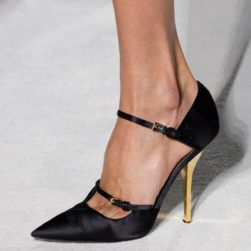 Golden Plated Thin Heels Pumps Women Silk Thin Straps Pointed Toe Ladies Party Pump High Heels