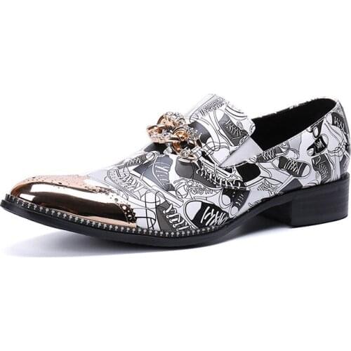 2021 Fashion Genuine Leather Print Men Oxford Dress Shoes Bullock Party Wedding Shoes Luxury Crystal Button Office Flats