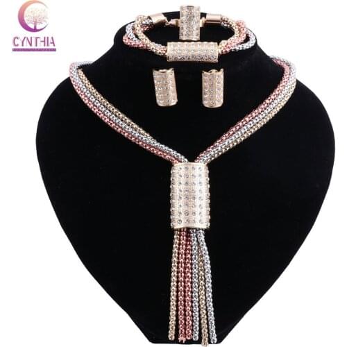 Jewelry Sets For Women Party Accessories Tassel Pendant Statement Beads Crystal Necklace Earrings Bracelet Rings Jewelry set