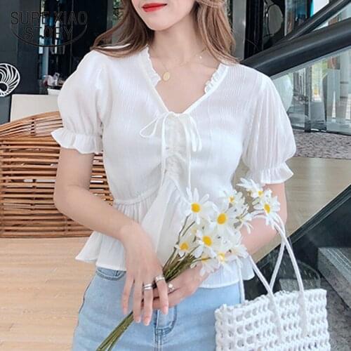 2020 Summer New Short Sleeve Top Female French V-Collar Drawstring Chiffon Shirt Slim Shirt Solid Super Short Slim Shirts 10029