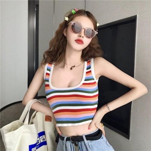 Women Tanks Tops Rainbow Striped Vest Womens Low Collar Camisole Summer Camis Crop Top For Women