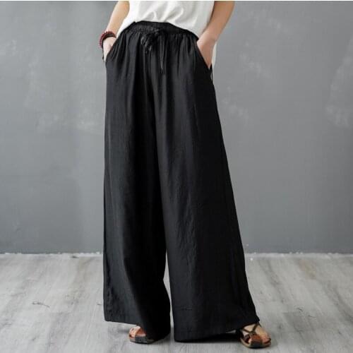 Women Loose Solid Color Elastic Waist Wide Leg Pants Ladies Vintage Plus Size Wide Leg Trousers Female 2020 Thin Summer Pants