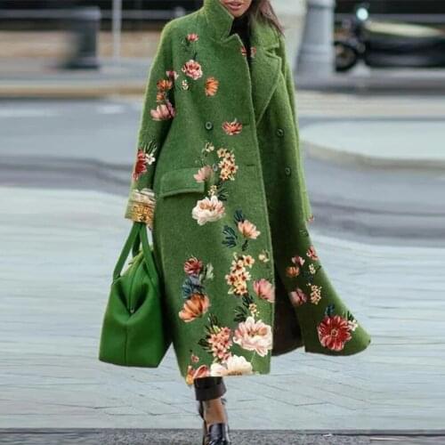 2021 Autumn Long Sleeve Pocket Jacket Womens Button Long Cardigan Jacket Winter Leisure Loose Green Blended Wool Coat To