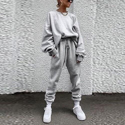 2021 new spring solid color two-piece womens round neck top and trousers home service suit autumn long-sleeved casual wear 3XL