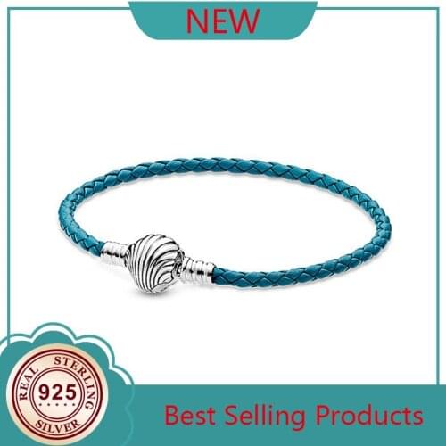 100% 925 Silver New Ocean Series Braided Leather Shell Fashion Charm PAN Bracelet Womens Wedding Holiday Gift Diy Jewelry