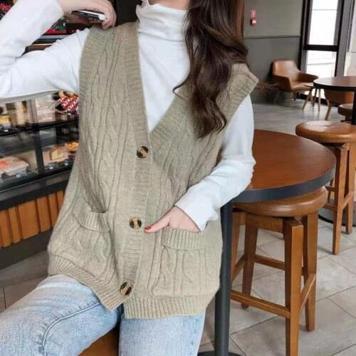 New Spring/Autumn Style Knitted Sweater Vest Women Oversized Cardigan Vintage Sleeveless V-Neck Female Waistcoat Sweater Tops