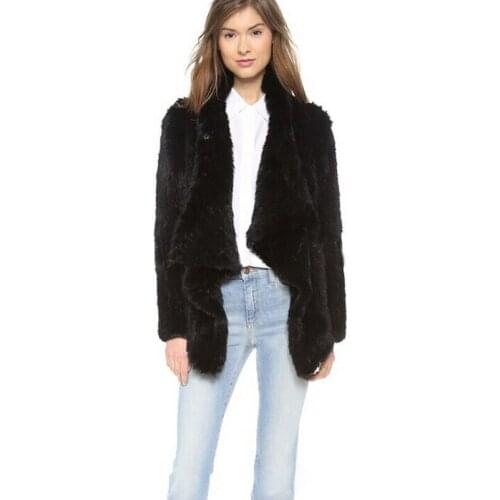 Foreign Young Real Rabbit fur Woven Winter Clothes Long Sleeve Diagonal Collar High Quality Leisure Coats Cazadora Cuero Mujer