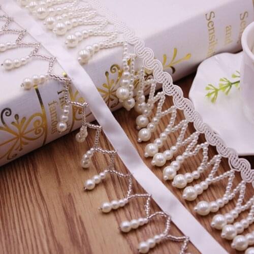 10Yards long pearl fringe beaded lace trim garment dress tassel lace decoration shoes ornaments white black hanging bead trim