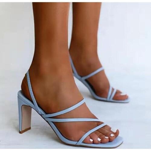 Women Fashion High Heels Sandals Summer Trend Square Toe Thick Heel Sandals Cool Apricot/Blue/White/Black Sandals Plus Size 43