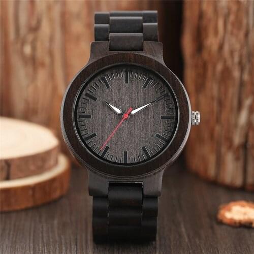 Retro Natural Bamboo Full Black Mans Wrist Watch Quartz Analog Clock Luminous Hands Timepiece Adjustable Band Bracelet for Men