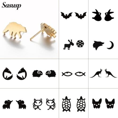 Black Mini Stainless Steel Rabbit Earrings for Women Girls Cute Animal Deer Wolf Turtle Elephant Bear Sheep Earring Bat Jewelry