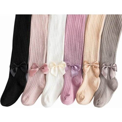 0-6Y Bowknot Baby Tights Spring Autumn Cotton Girl Pantyhorse Knitted Infant Vertical stripe candy color Children Pantyhose