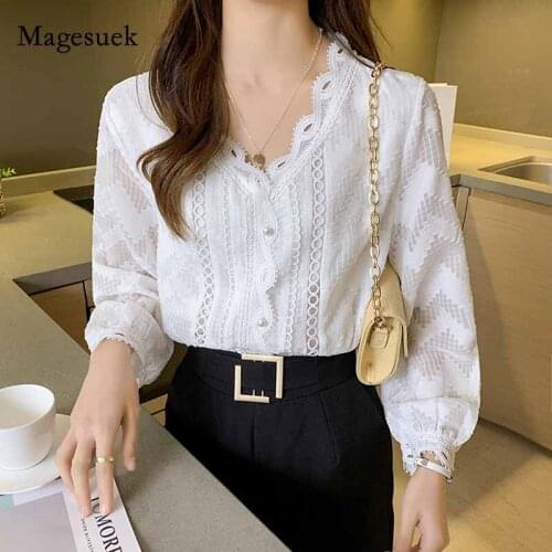 Elegant Lantern Long Sleeve Chiffon Blouse White Vintage Loose Womans V-neck Lace Shirts 2020 Fashion Women Blouse Blusas 10982
