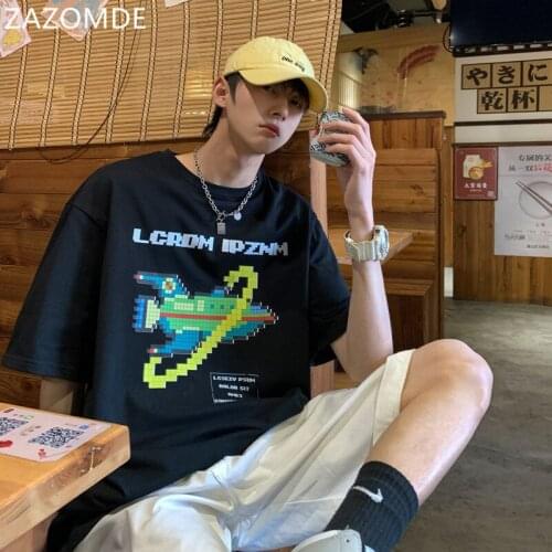 ZAZOMDE 2021 Man Cotton Tee shirts Men High Street Clothing Summer Mosaic Spacecraft Graphic T-shirts Men Funny Hip Hop Tees