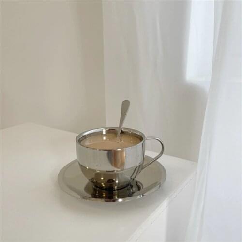 Ins Style Minimalist Style 304 Stainless Steel Insulated Coffee Cup British Afternoon Tea Cup Dish Spoon Household Water Cup Tea