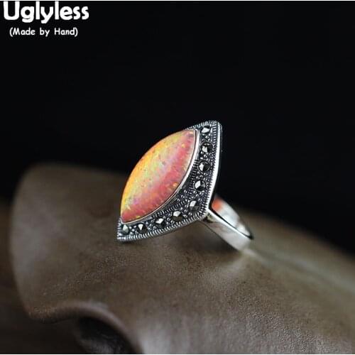 Uglyless Vintage Geometric Rhombus Open Rings for Women Nature Gemstones High Jewelry Colorful Opal Silver Rings 925 Silver R926