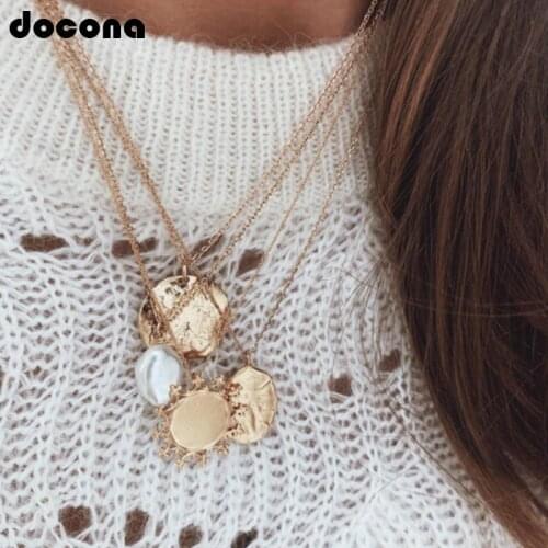 Docona Vintage Carved Round Pearl Stone Sun Gold color Long Multistorey Necklace for Women Punk Party Choker Jewelry Gift 8258