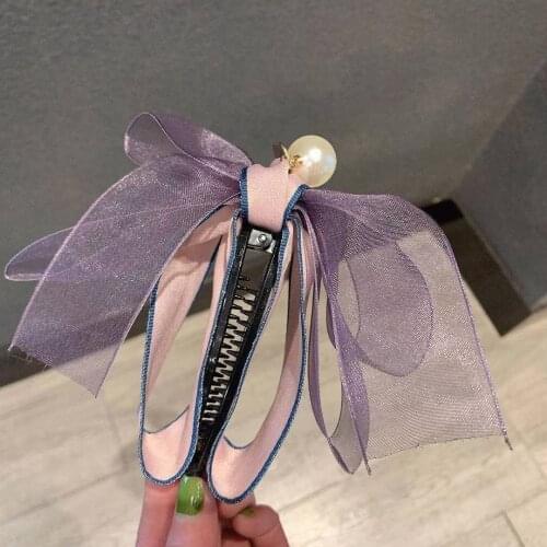 Korean Purple Ribbon Lace Fabric Bow Hairpins Banana Hair Clip Claws Pearl Cloth Bowknot Hairgrips Women Girls Hair Accessories